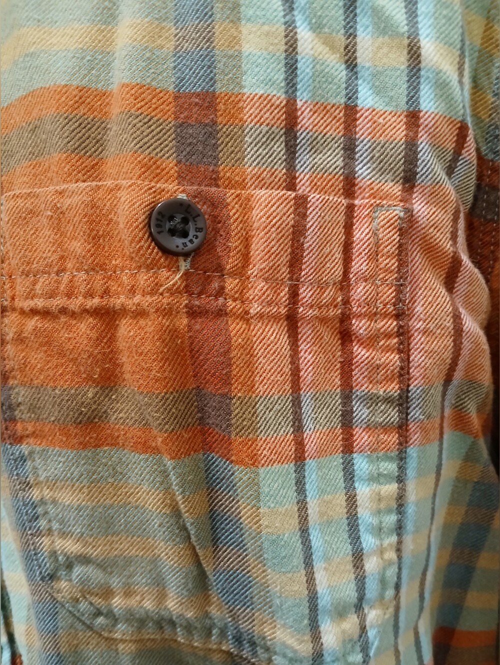 Men's L.L. Bean Plsid Button Down Long Sleeve Orange & Blue Shirt - Picture 5 of 15